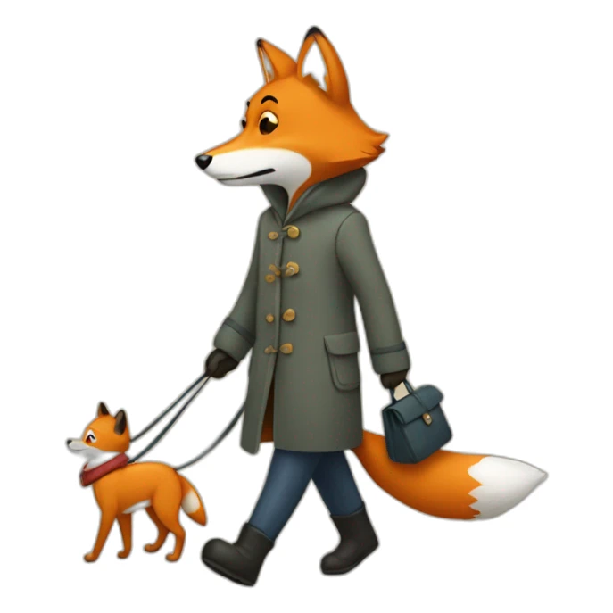 fox in a coat walking a dog sticker