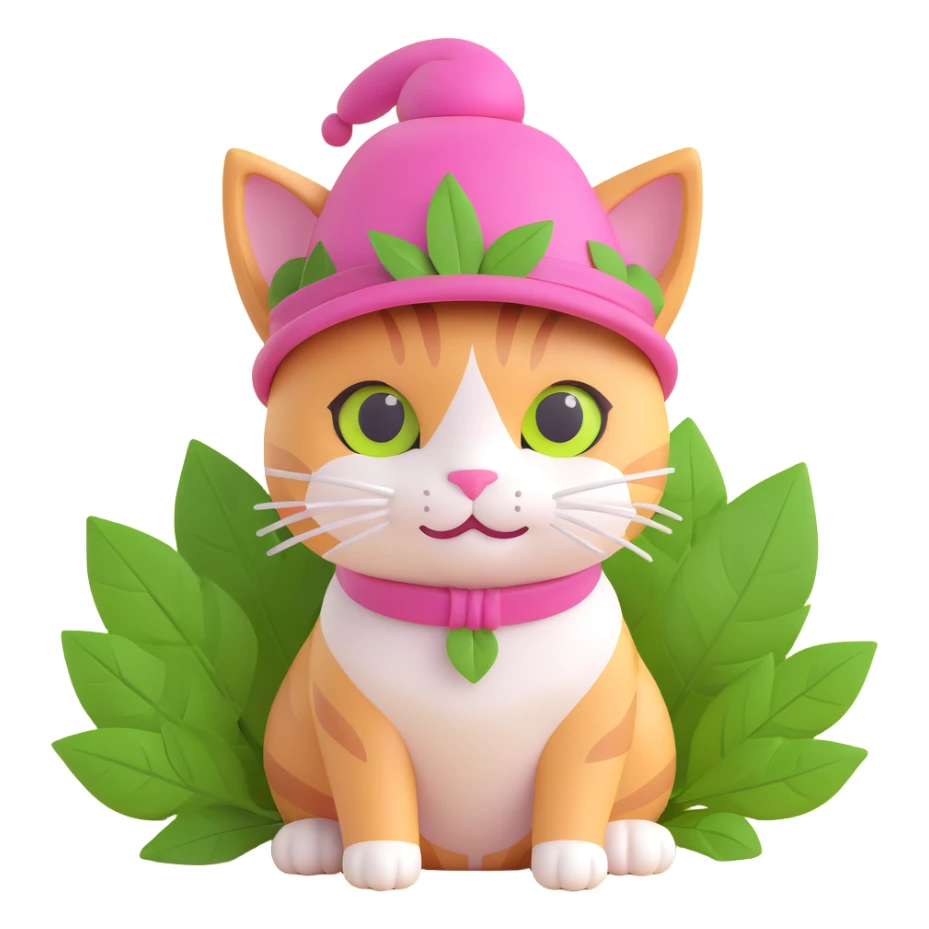 A cat with a pink hat and green leaves, light yellow background sticker