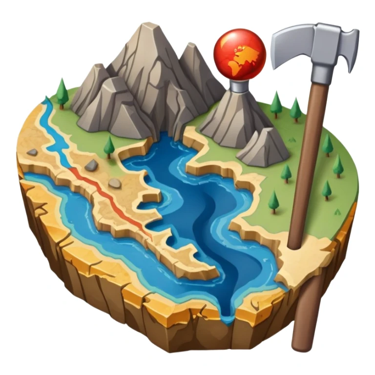 An icon featuring a pickaxe and a geological map, and layers of Earth’s crust, symbolizing geology. The design includes mineral samples, fossils, and tectonic plates, representing the study of Earth’s structure and natural processes. Transparent background highlights geological exploration sticker