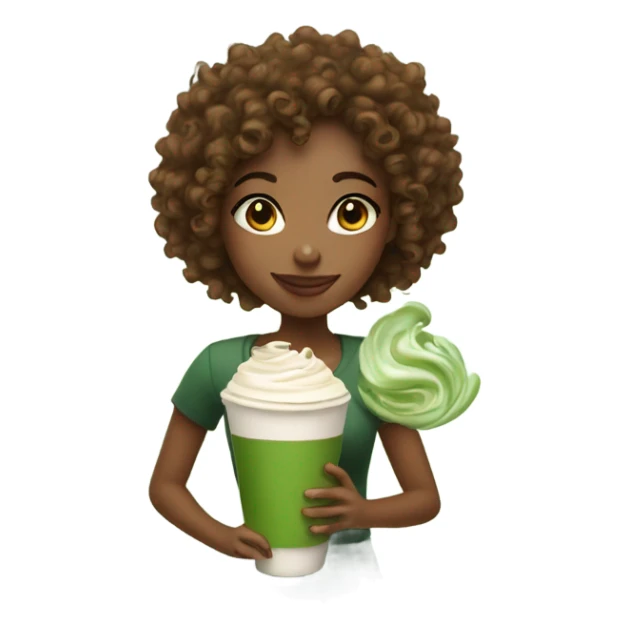 curly hair girl holding matcha latte  sticker