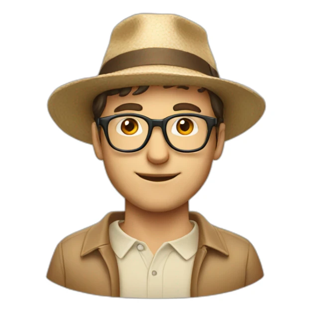 European guy with a beige hat, a red polo and glasses sticker