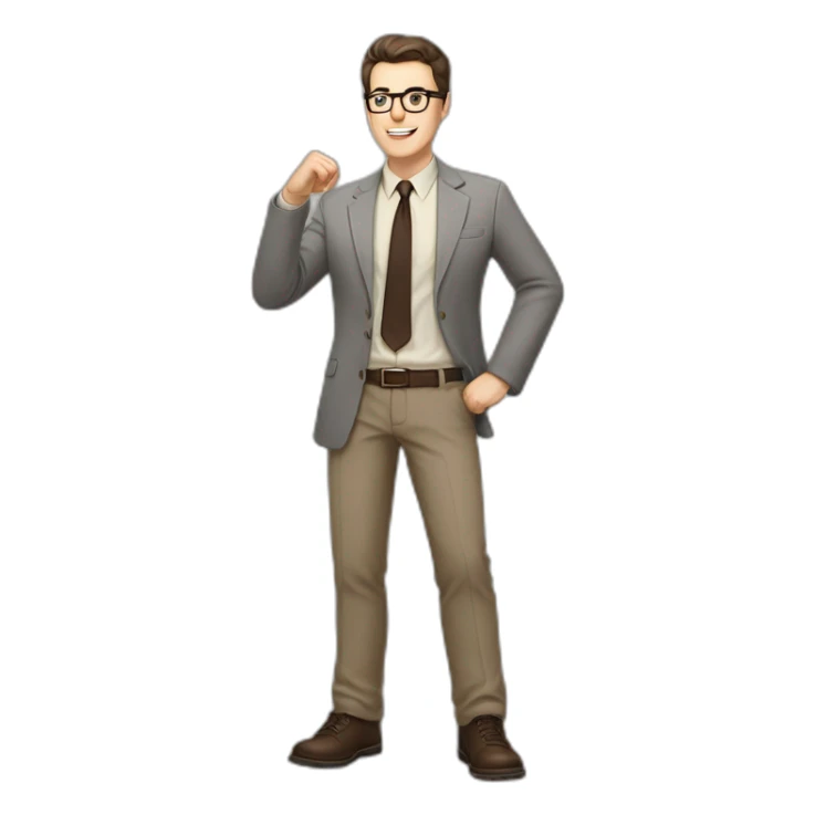 Full height Actively Gesturing Pale skinned fit man with dark brown hair in gray jacket, beige office shirt, brown tie, brown pants and vintage glasses. sticker