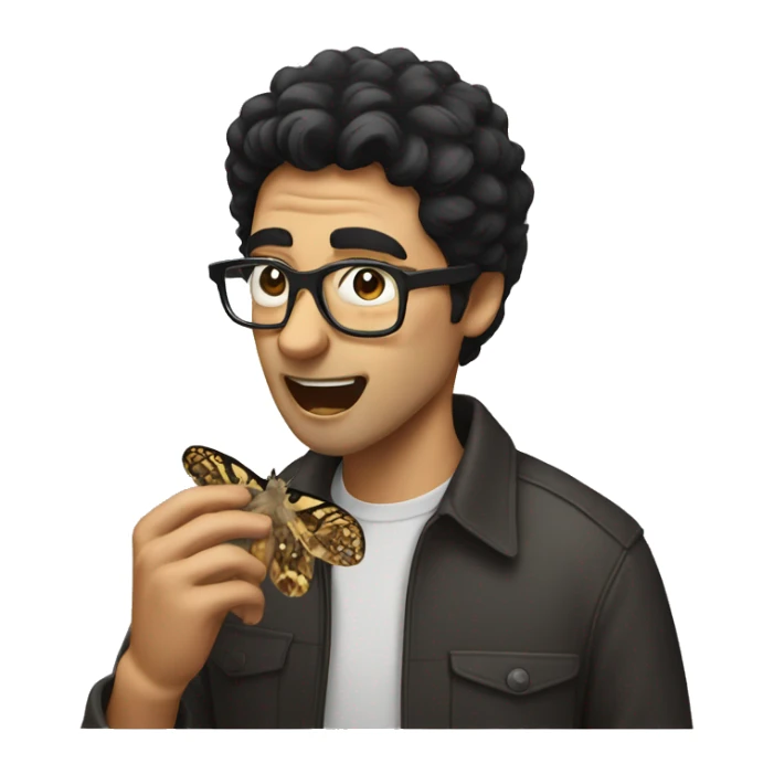 Man with black hair and glasses eating a moth sticker