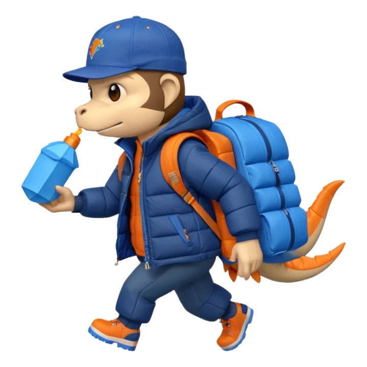 extremely angry monkey wearing dark blue puffer jacket, holding blue origami dinosaur roller backpack, wearing orange cap with Jurassic Park logo, Android emoji style sticker