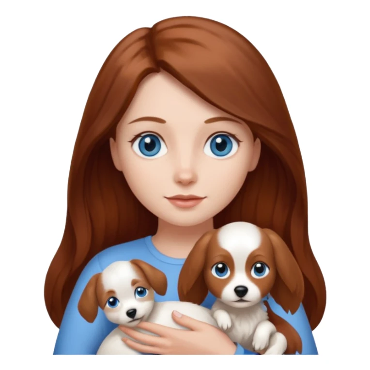 long hair chestnut color blue eyes woman holding small plain white dog sticker