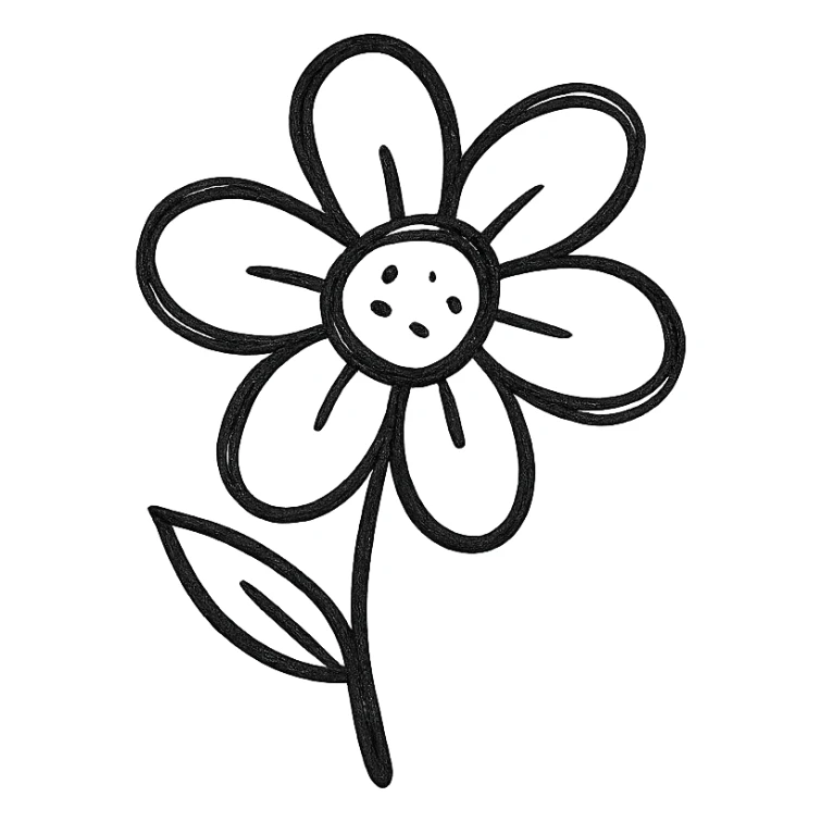 A hand-drawn, black outlined icon of a flower with no fill, simple and clean sticker