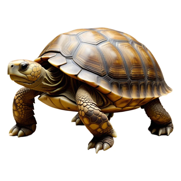 cinematic-tortoise-realistic-full-body-walking-emoji,-sturdy-domed-shell-in-rich-earthy-tones,-thick-scaled-legs-moving-slowly-but-deliberately,-wrinkled-wise-face-peering-ahead-with-calm-determination,-small-dark-eyes-reflecting-centuries-of-patience,-textured-leathery-skin-contrasting-with-the-hardness-of-its-shell,-simplified-yet-realistic-focused-features,-highly-detailed,-glowing-with-an-ancient-earthy-warmth sticker