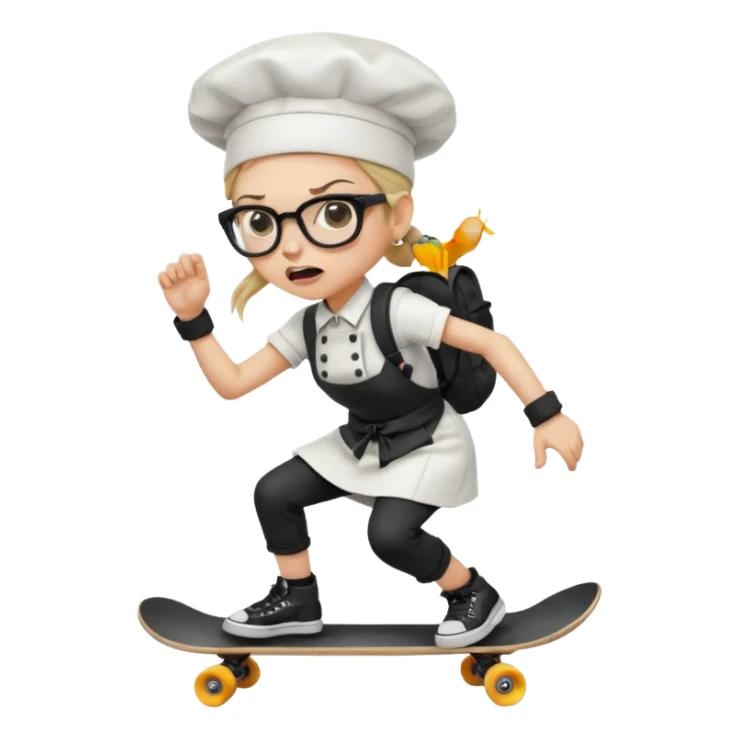 ["An angry woman with light skin, ponytail, wearing a chef hat and square glasses, dressed in goth fashion, is skateboarding while holding a backpack."] sticker