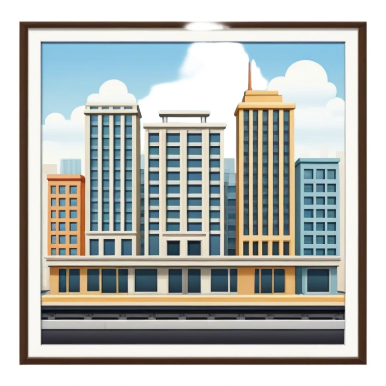 Buildings placed on a platform, standing together in a structured arrangement 1960s sticker