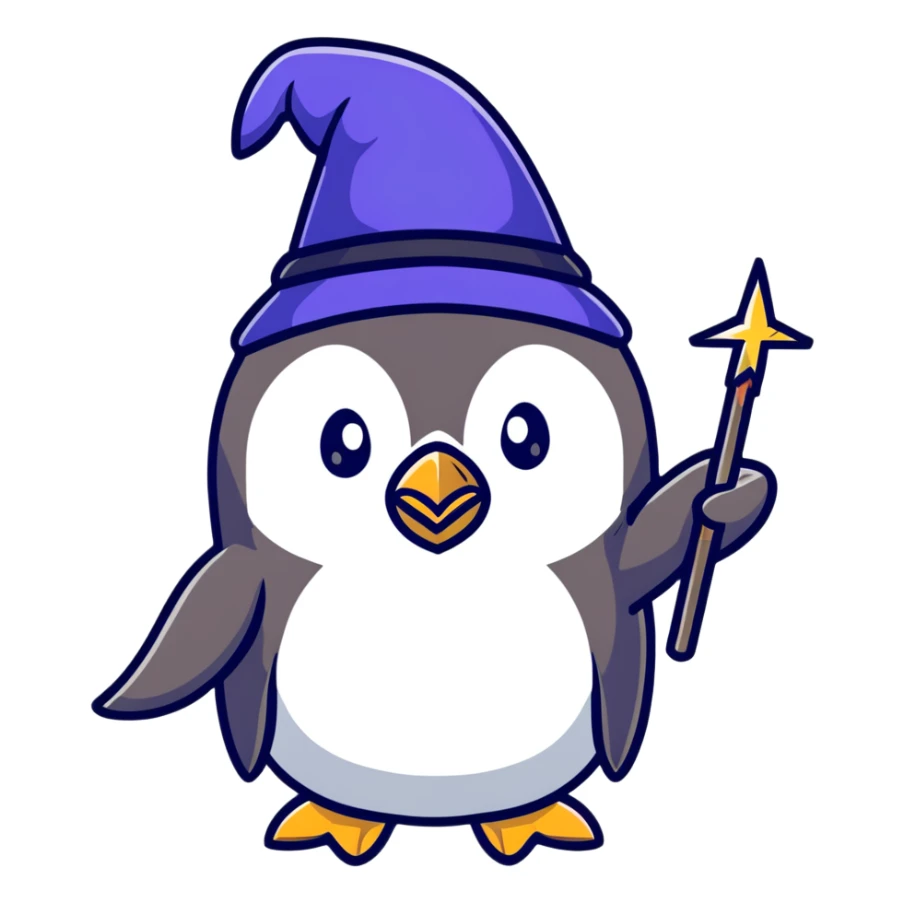 Penguin wizard with magical wand and wizard hat, cartoon sticker sticker