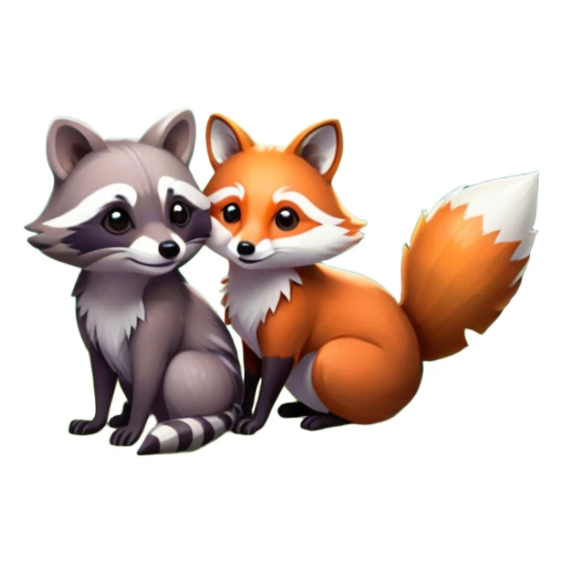 Collage of a raccoon and a fox, in close-up, surrounded by a colorful forest with rich green trees, thick bushes, and vibrant foliage. Sunlight peeks through the branches, casting warm light on the animals. A lively, natural setting with a transparent background. sticker