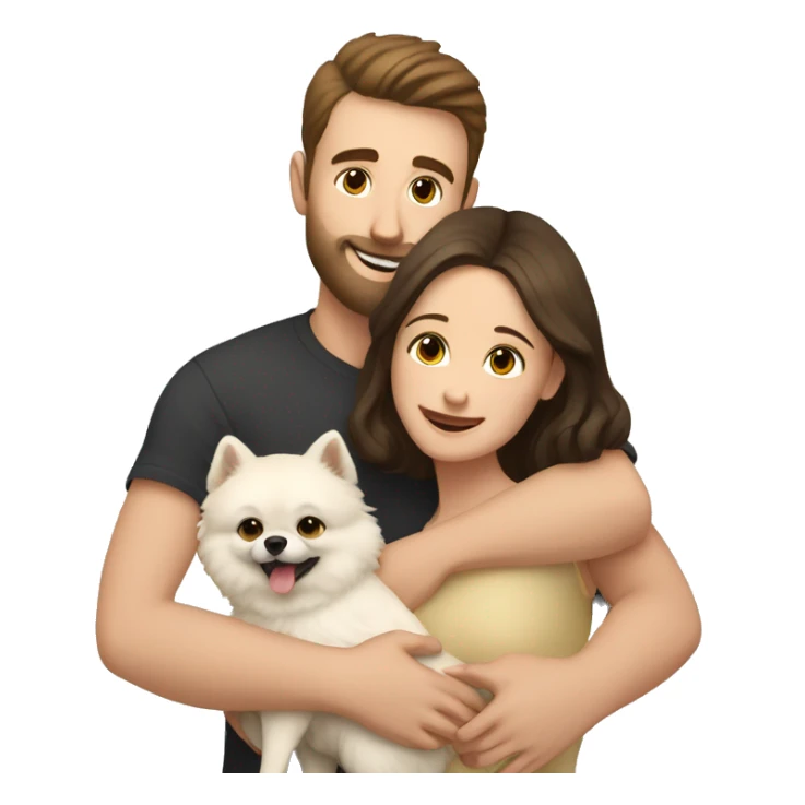 Young white man with short dark brown hair with a small beard hugging his white wife with dark brown hair and both of them hugging a beige and white Pomeranian  sticker
