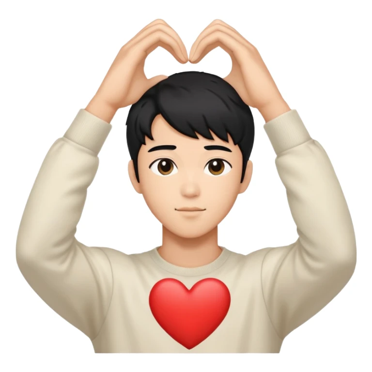 Black-haired male idol making a heart shape with his arms above his head, K-pop style sticker
