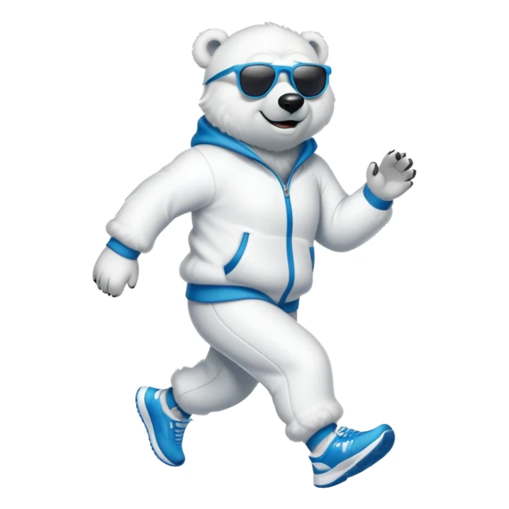 friendly anthropomorphised polar bear jogging upright wearing a tracksuit and sneakers, dark sunglasses sticker