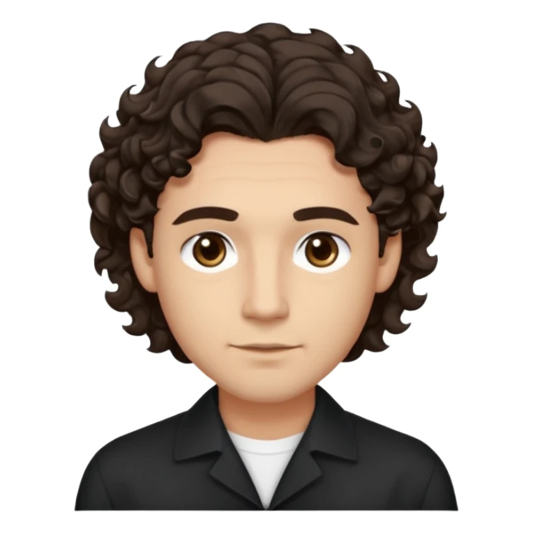 He’s a man with light to medium skin, a defined oval face, full brows, deep-set eyes, and wavy to curly dark brown hair styled with height, sides are low. expression calm and focused relaxed black open-collar shirt.polished, articulate, and professional vibe. sticker