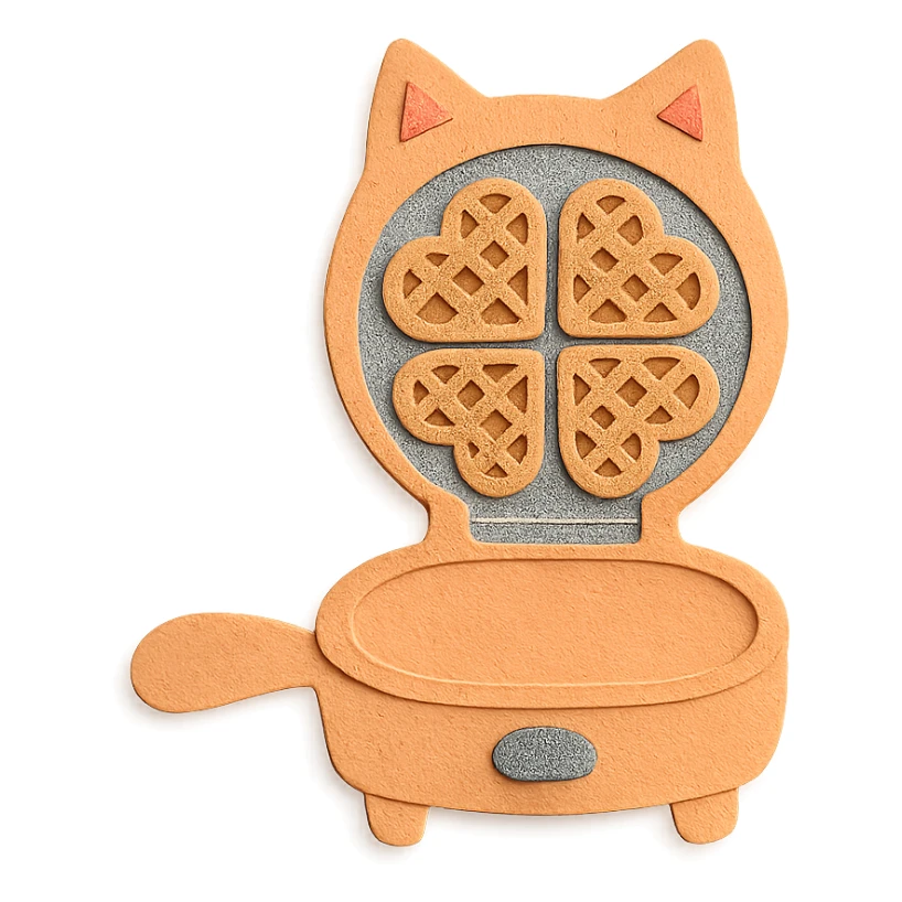 cute cat-shaped waffle maker displaying heart-shaped waffles, pastel orange, full-body sticker