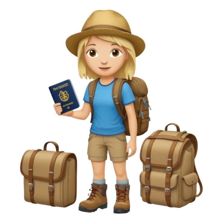 blonder haired Traveler character with passport, backpacker,  sticker