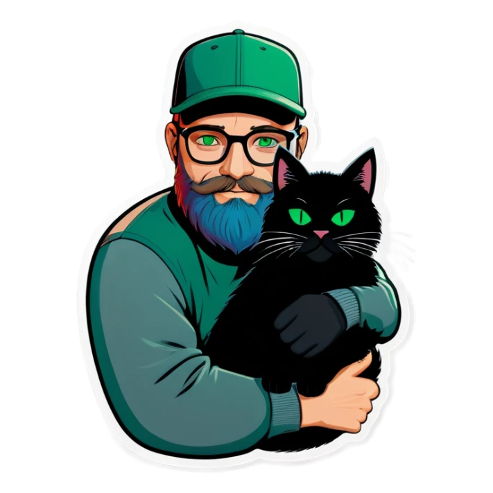 A bold man with a grey baseball cap, green eyes, big beard and glasses hugging a black cat sticker