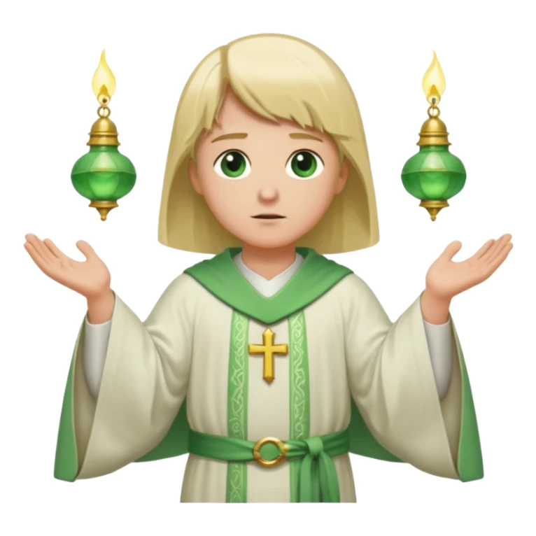 a priest, green eyes, blonde hair, light green wide, flowing, bell-shaped outer robe. opening arms, gazing thoughtfully. Soft light, subtle fern. Waist-up, profile. sticker