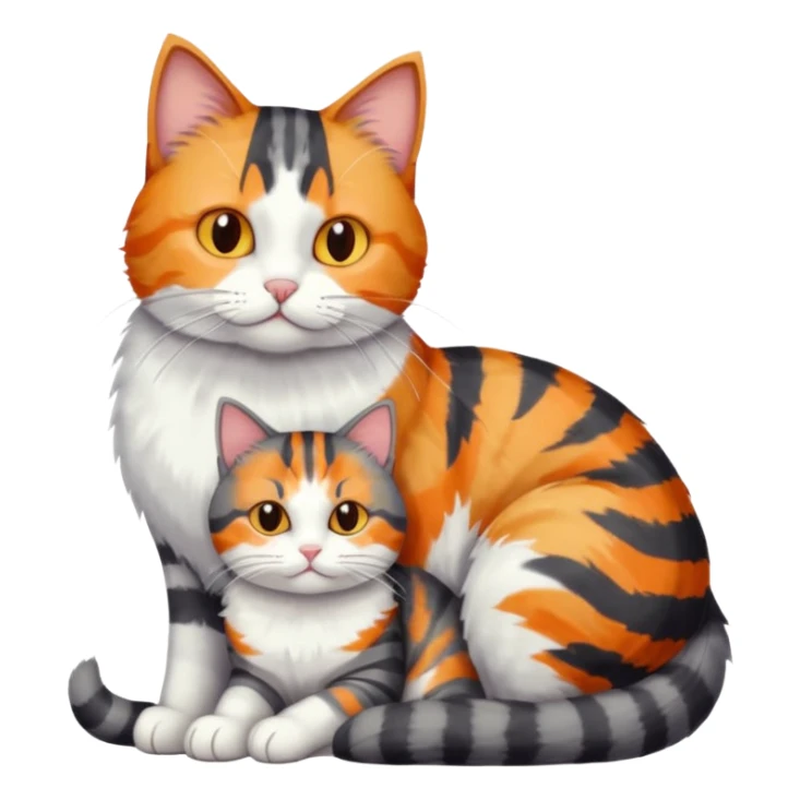 full body colourful light patched calico + white tabby cat cuddling a big dark grey and white tabby cat  sticker