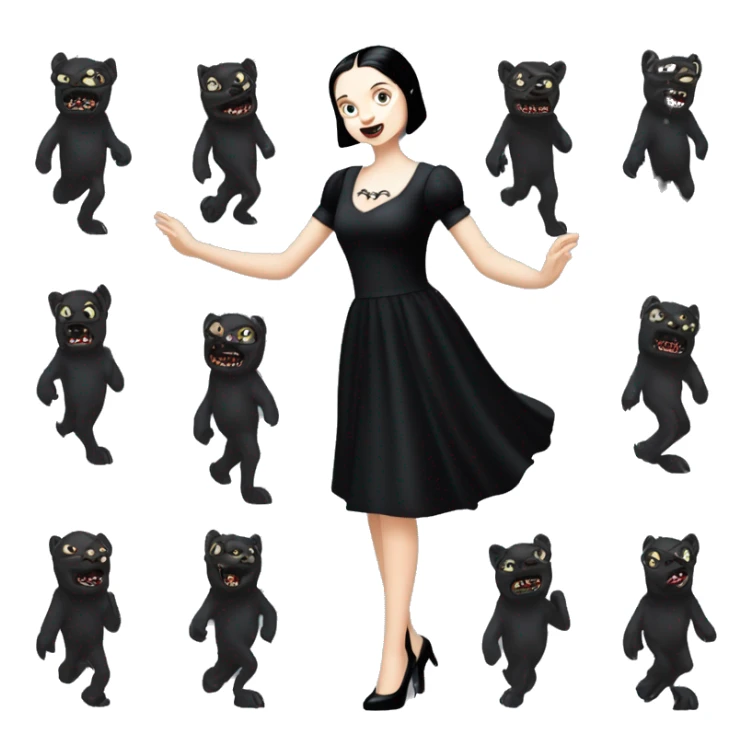 wednesday addams dancing with werewolves.she is wearing a short creepy black flowing evening gown with a plunging neckline that’s off of the shoulders that also shows her legs with expensive black shiny velvet high heel shoes. sticker
