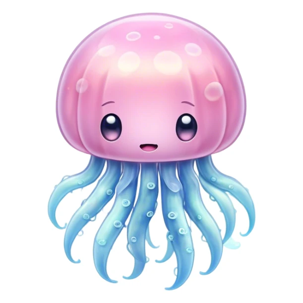 Cinematic floating kawaii jellyfish, tiny round body, soft glowing tentacles, pastel pink and blue hues, delicate sparkling highlights, dreamy and adorable. sticker