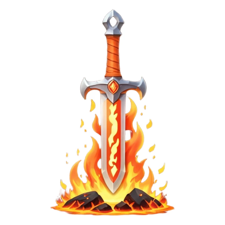 fire guardian sword object icon, flaming blade, glowing lava runes, ember sparks, fantasy weapon, 3D cartoon, mobile game icon style, centered, clean background, no text, no watermark
 sticker
