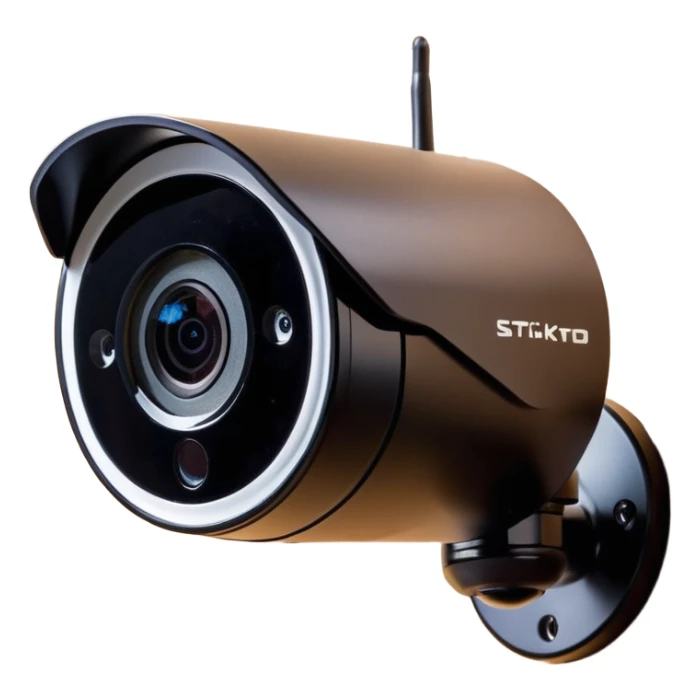 sleek security IP camera with glossy finish and modern lens mounted on wooden wall sticker