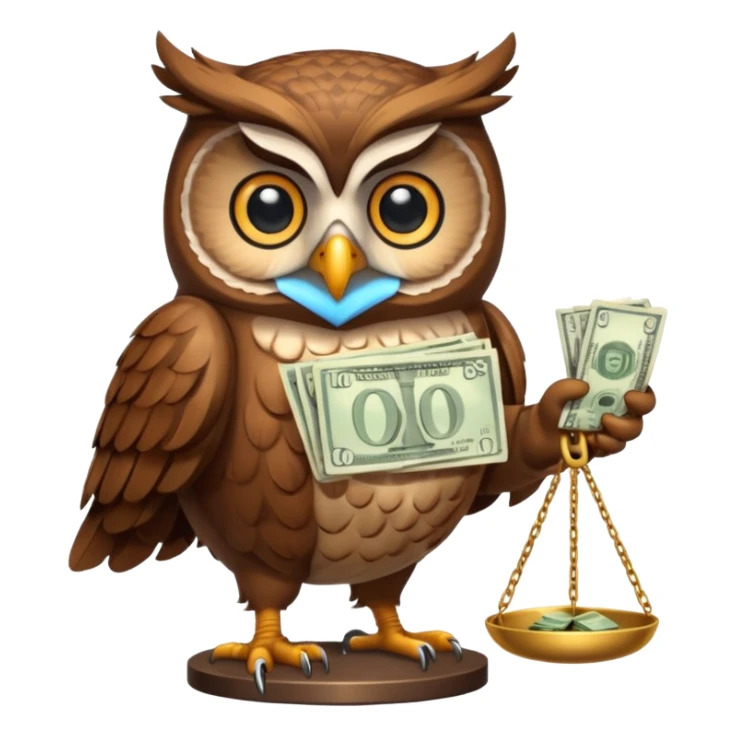 mascot owl holding money scale with two sides sticker