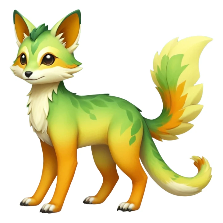 Rare realistic exotic warm-green warm-orange warm-yellows pastel gradients cute epic pretty beautiful handsome gorgeous aesthetic colorful vibrant Vernid-Trico-species-Fakemon-creature by LiLaiRa, 4 legs, 1 tail, random markings, (full body) sticker