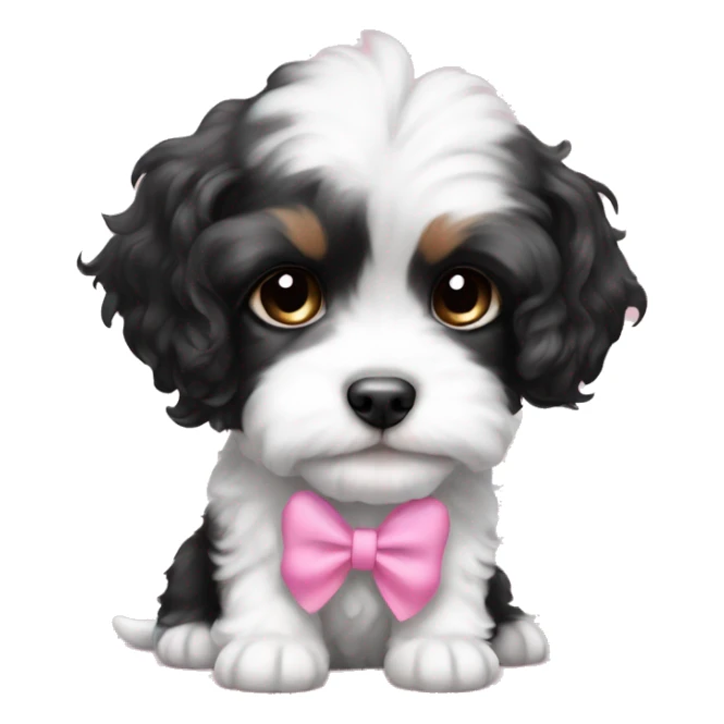a cute black and white cavachon puppy with a pink bow in her fur sticker