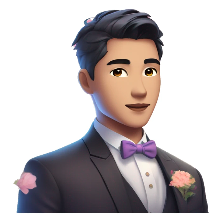 Gorgeous romantic anime style Asian formal modern gentlemanly guy with flowers and blushing face aesthetic trending style outside with colorful gradient bright light colors sticker