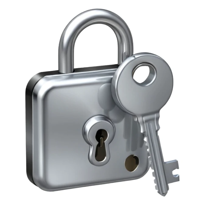 A chrome silver lock and key emoji, smooth metallic surfaces, glossy reflections, luxury swag vibe, minimal iOS emoji style, centered on clean white background sticker