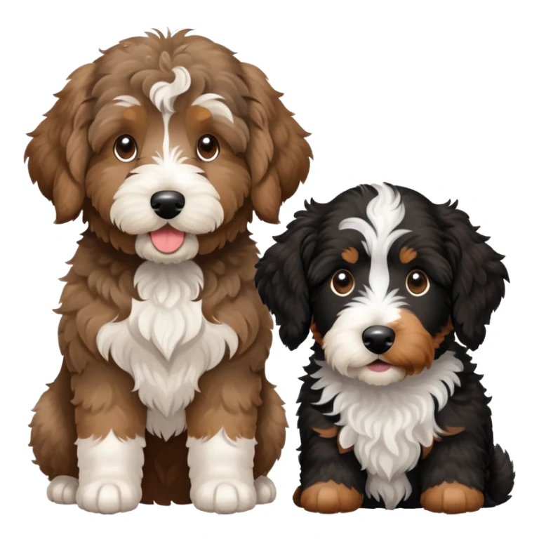 2 dogs: one light brown Aussiedoodle, one all-black Bernedoodle with white eyebrows some white markings, no brown . Both same size. sticker