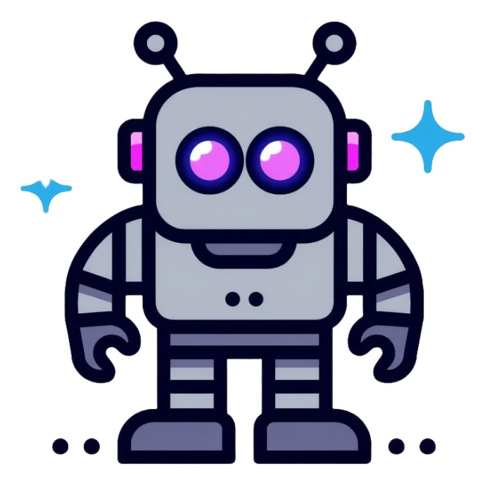 chatbot robot in gray color, with neon glow lines, blue neon glow on top left, purple neon glow on bottom right sticker