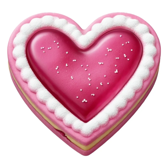Realistic shortbread cookie in the shape of a heart with pink jelly middle filling and sprinkled powder sugar on top. sticker