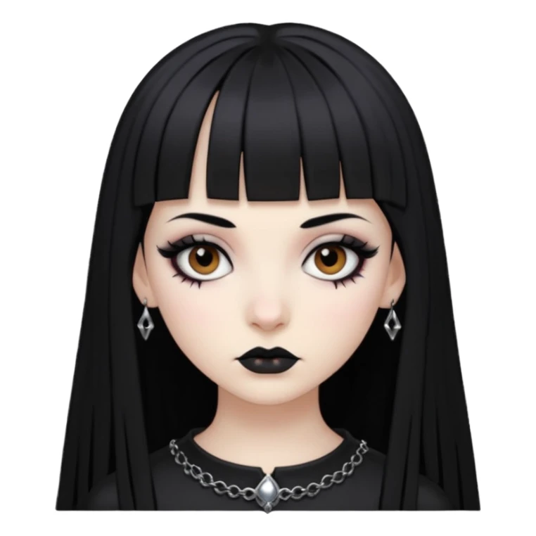 Faça uma moça de cabelo preto e micro micro franja pálida e com maquiagem gótica pesada olhos castanhos escuro  sticker