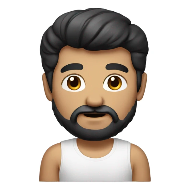 handsome bearded memoji black hair, fair moustache, t shirt, chest sticker