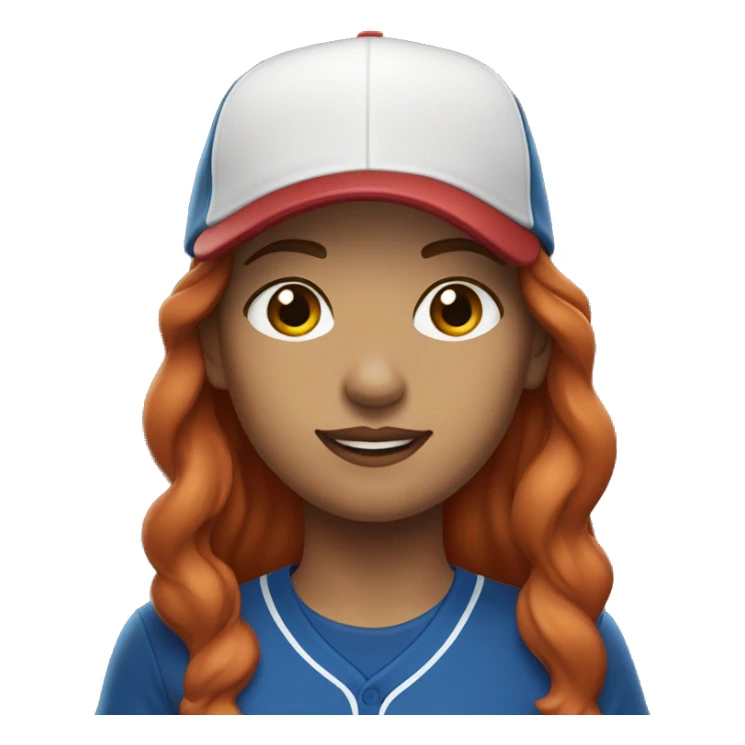 front facing standing up female coach with long red hair, wearing a white t-shirt and a simple baseball blue hat sticker