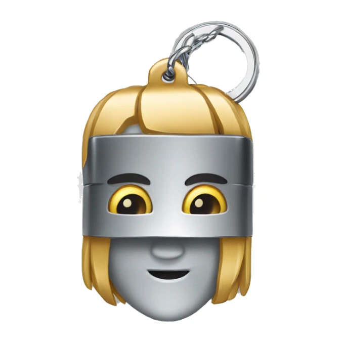 
metal billet with face holding a keychain sticker