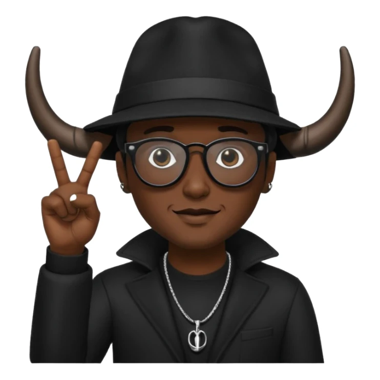 man dressed in black with dark glasses black Lens and a black hat hwo making the horns gesture on each  hands sticker