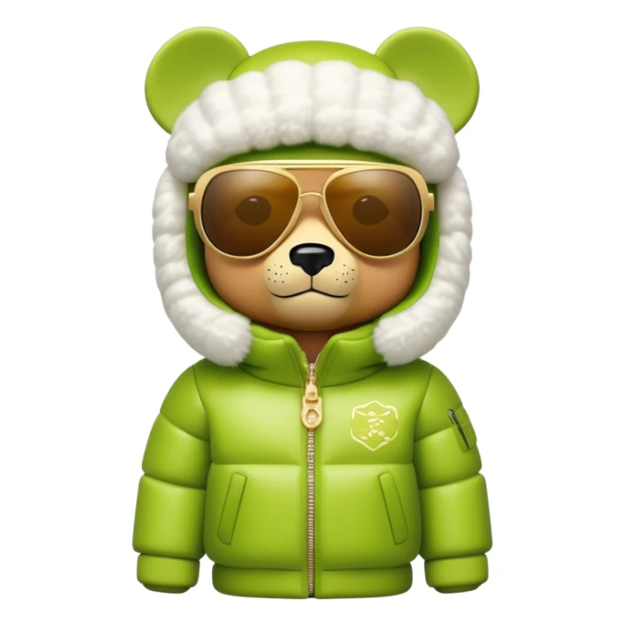 sleek bearbrick with lime balaclava covered in logo graffiti, futuristic single continuous visor sunglasses as one solid piece, no eye division, luxurious voluminous puffy coat with fur trim, gold chain accessories sticker