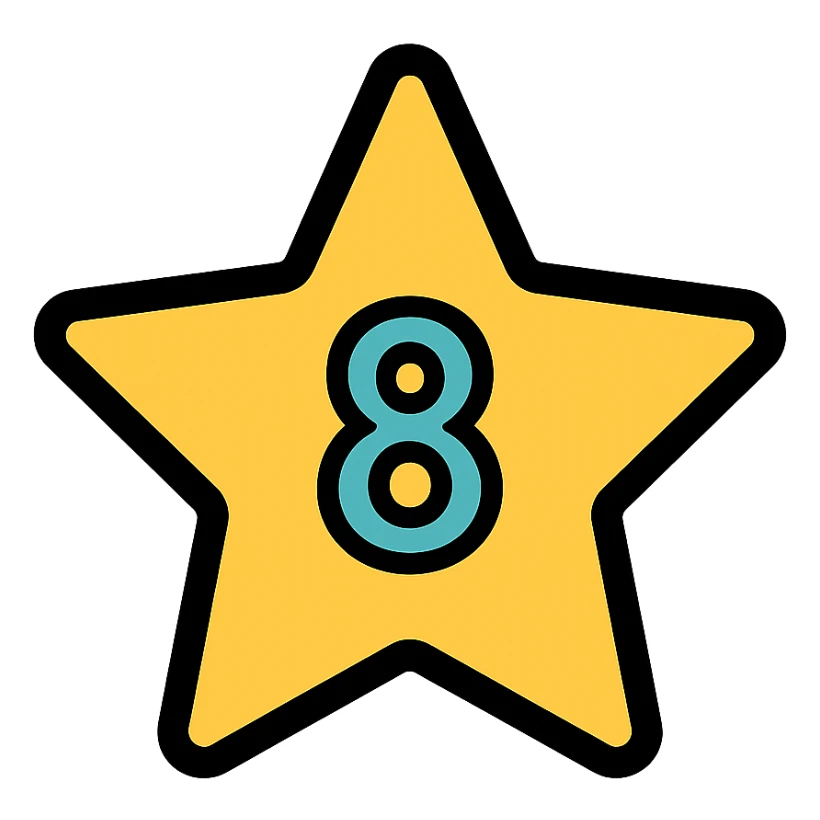 five-pointed star with the number 8 centered inside, color outline icon sticker