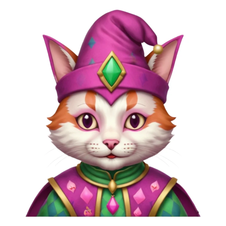 court jester cat medieval, single poker card joker clearly visible, pink, face only, court jester cap sticker