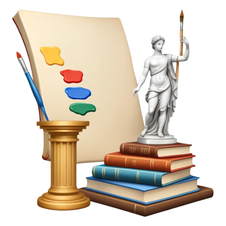 An icon featuring a paint palette, a sculpture, and a book, symbolizing the study of culture and art. The design includes a classical column and a canvas, representing art history and cultural exploration. Transparent background highlights the connection between creativity and history. sticker