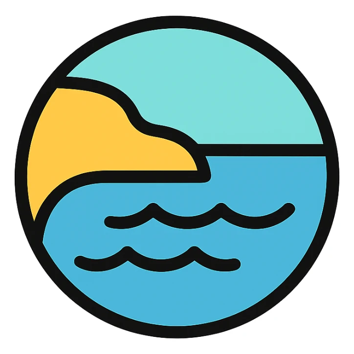 Enhance the sea icon by adding a visible coastline or land border, gentle waves, and lighter blue water. Maintain the circular shape with a medium black border, no frame, and white background in the color outline style. sticker
