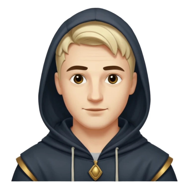 A handsome man with fair complexion. masculine, roman, slightly crooked nose. Thick triangular eyebrows. Hooded eyes and black pupils.  smily lips with a heavy top lid.  Jinu haircut sticker