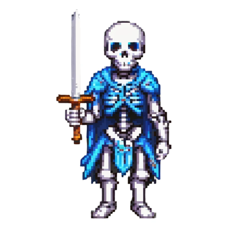 pixel art skeleton with a sword in a battle stance sticker