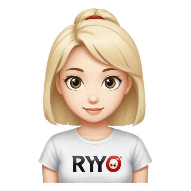 Beautiful girl smilling with big eyes and "ryu" written on tshirt sticker