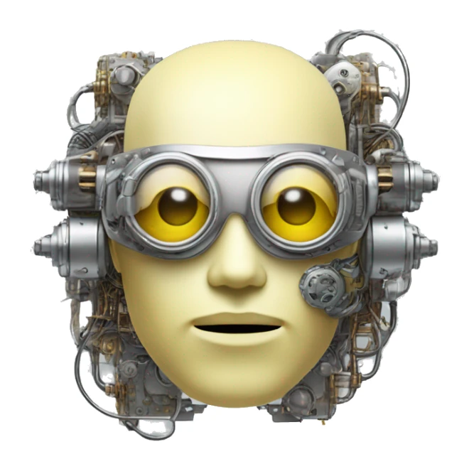 Pastel light yellow round male cyborg head with silver steampunk goggles, goatee and circuits sticker